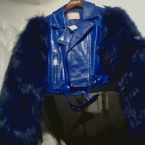 AZALEA WANG BLUE NOLLA FAUX FUR ARMS CROC MOTO JACKET